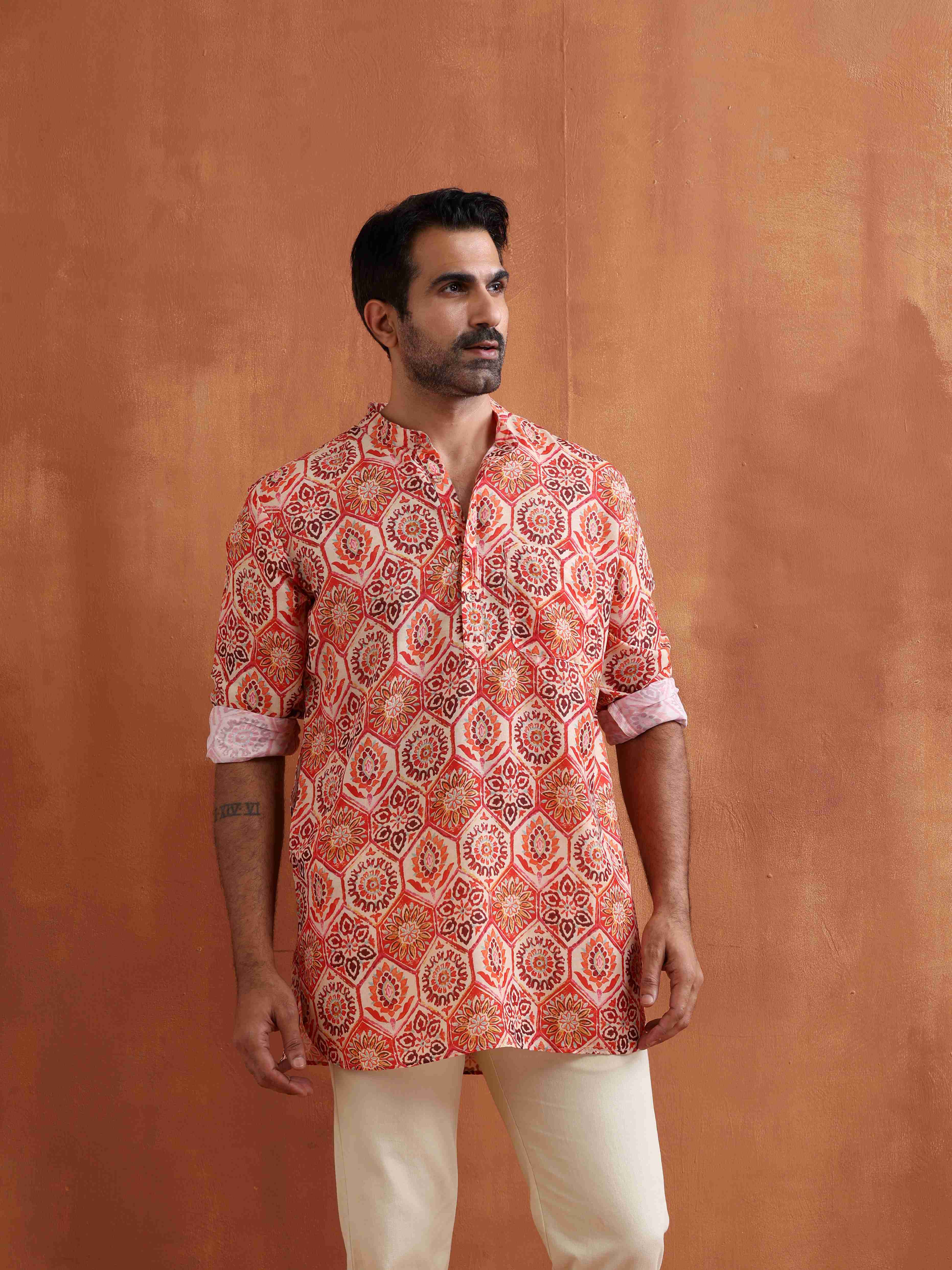 trueBrowns Men's Beige Printed Short Kurta - Distacart