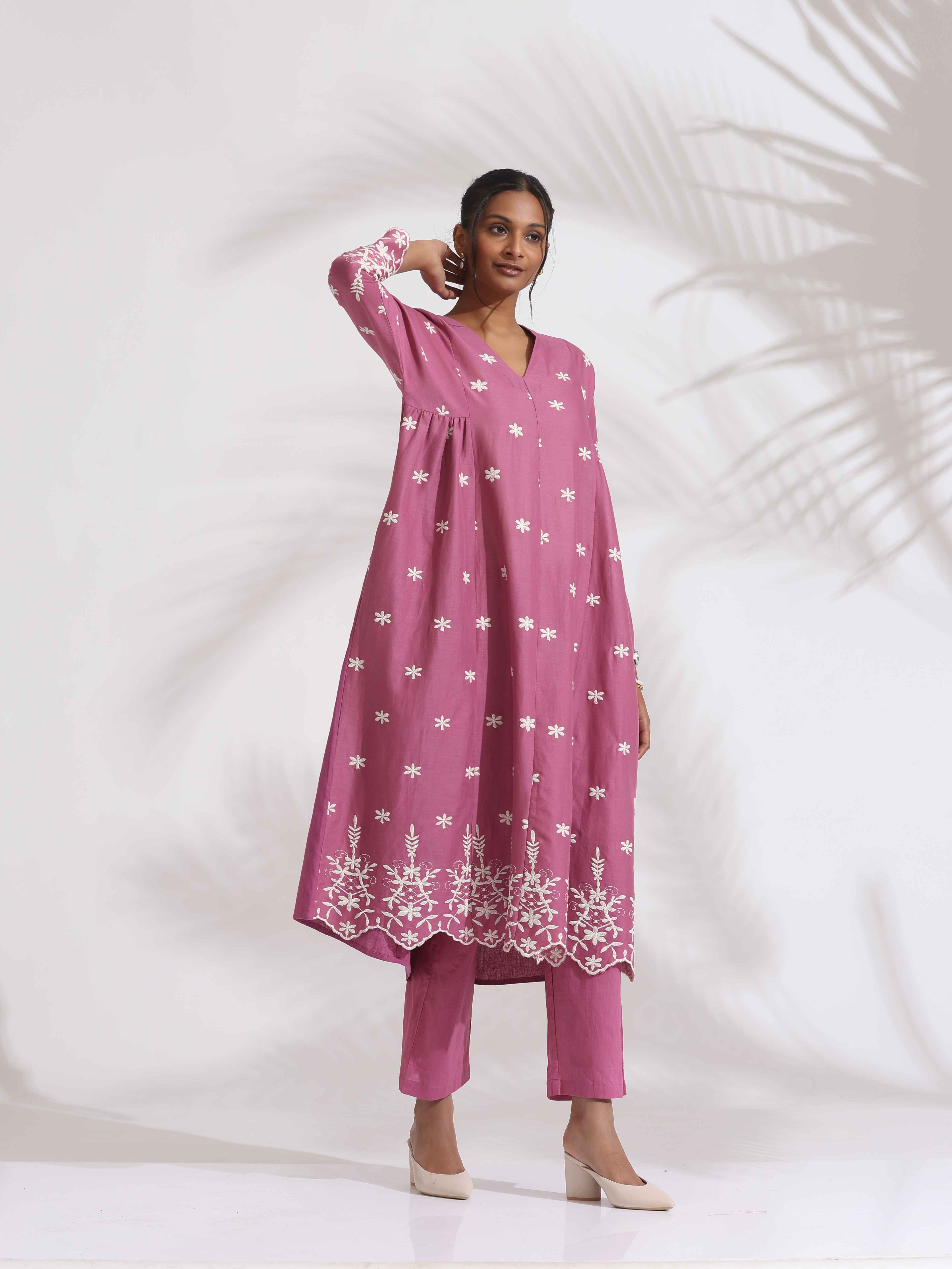 trueBrowns Pink Cotton Floral Embroidered Flared Kurta Set - Distacart