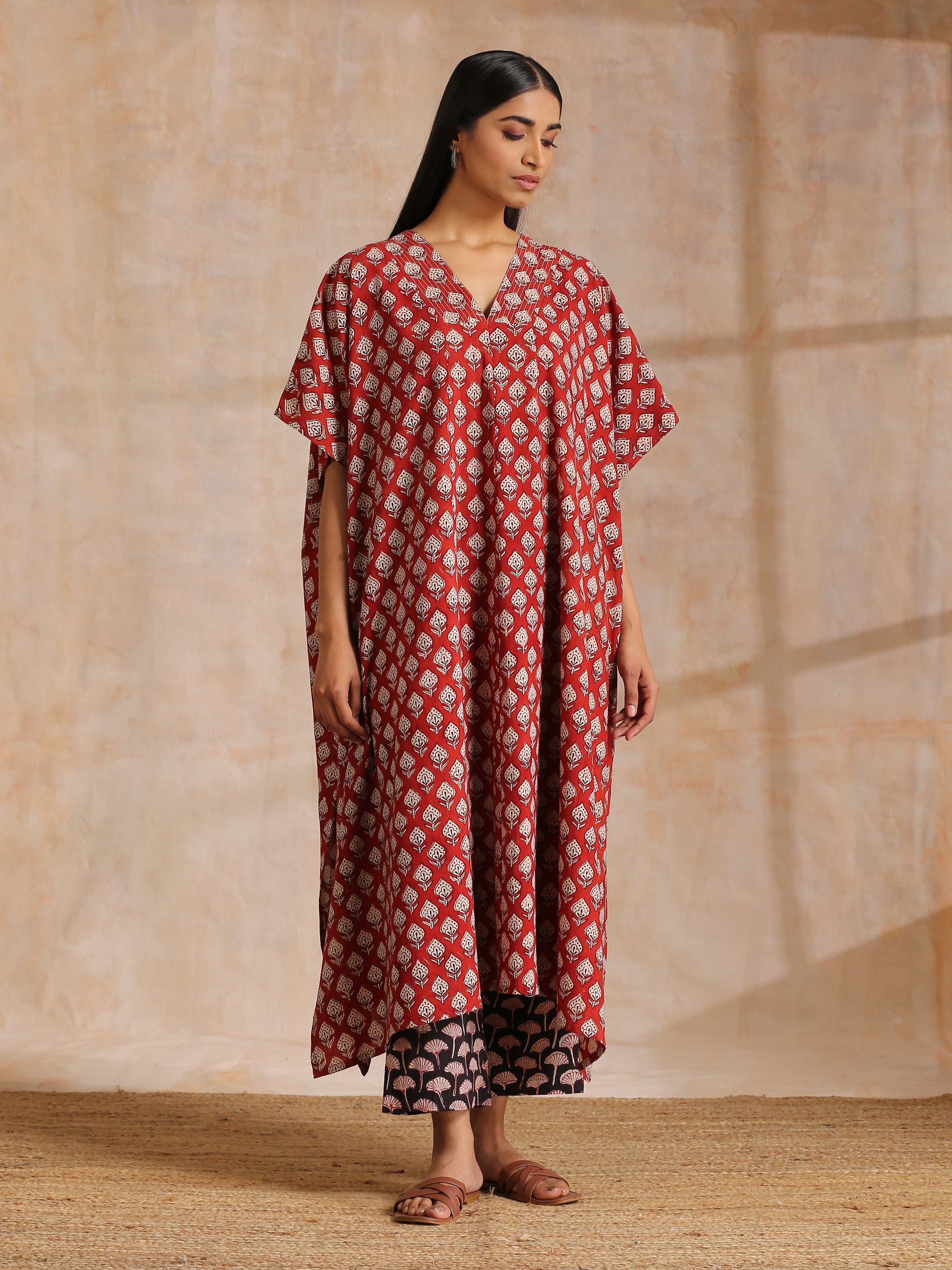 trueBrowns Rust Red Bagru Floral Print Cotton Panel Kaftan Kurta Pant Set - Distacart
