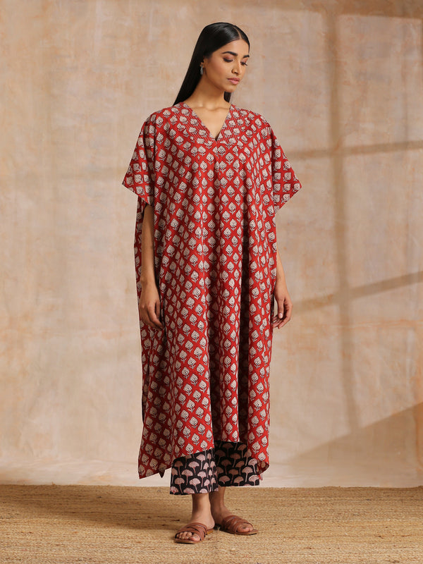 trueBrowns Rust Red Bagru Floral Print Cotton Panel Kaftan Kurta Pant Set - Distacart
