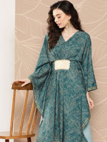 Thumbnail for Ahalyaa Women Floral Printed Flared Sleeves Patchwork Belted Detail Crepe Kaftan Kurta - Distacart