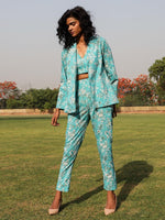 Thumbnail for trueBrowns Turquoise Cotton Block Print Pant Suit Set - Distacart