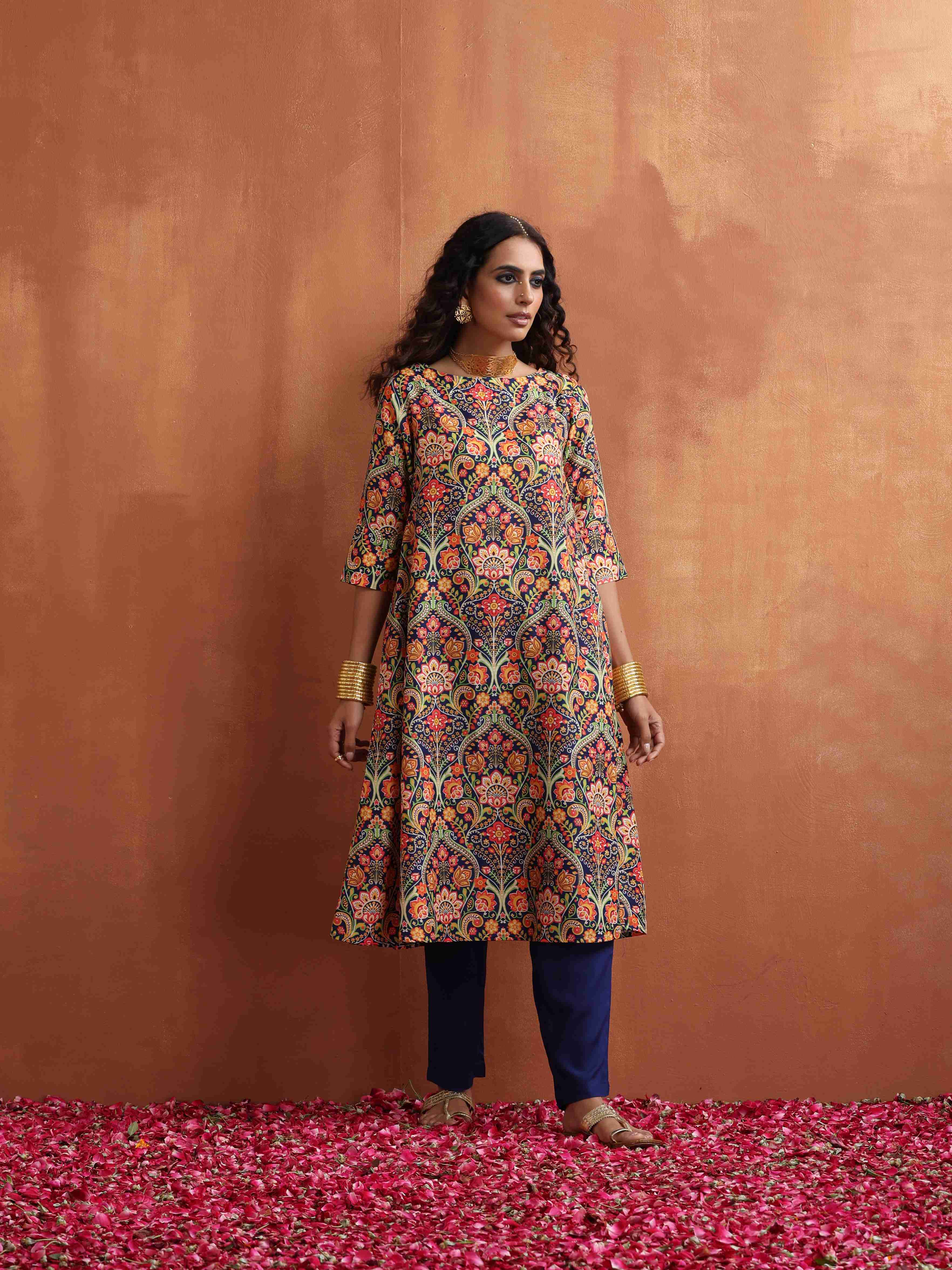 trueBrowns Blue Print A-line Kurta Set - Distacart