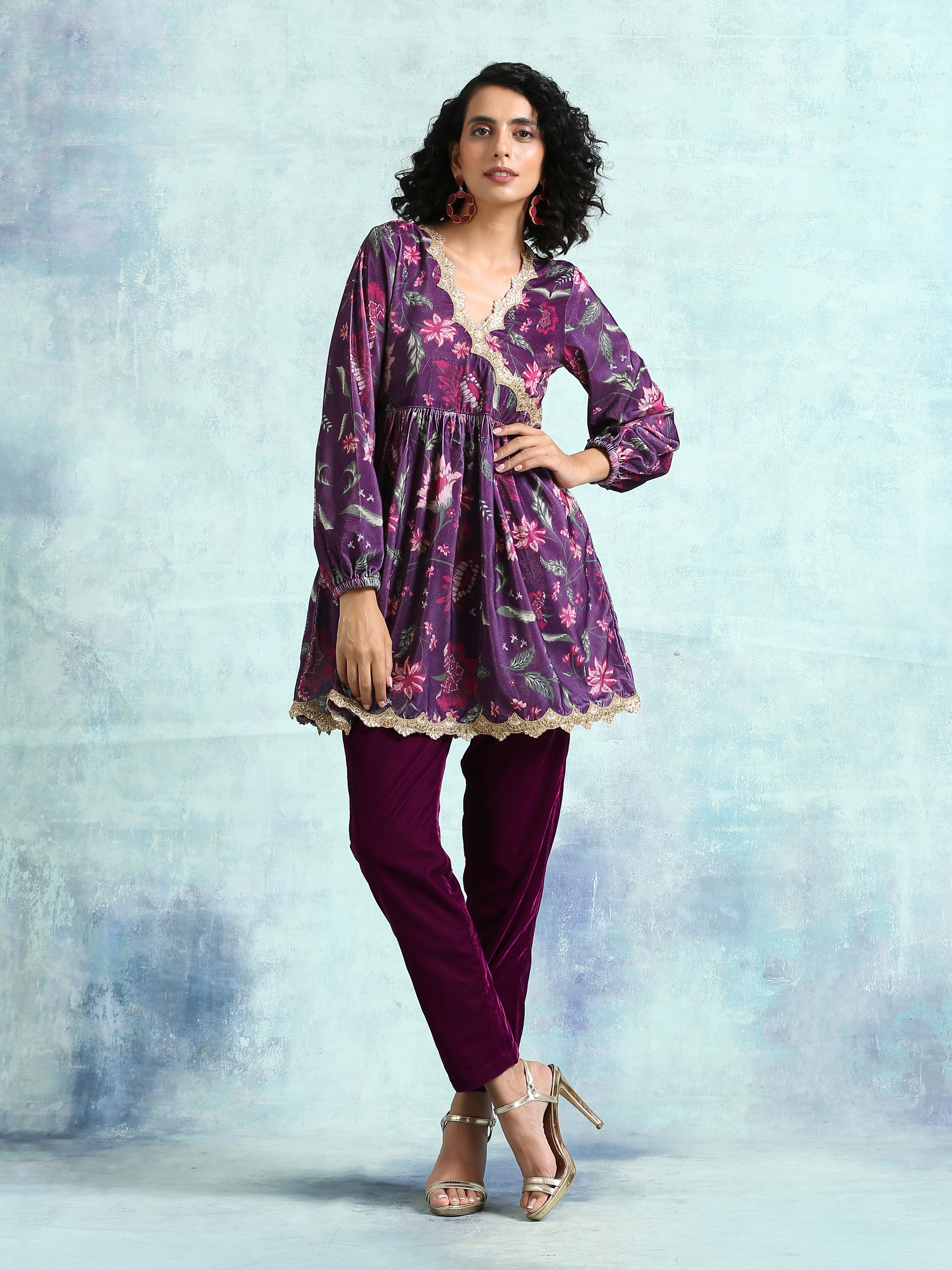 trueBrowns Wine Printed Velvet Lace Co-Ord Set - Distacart