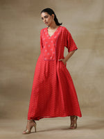 Thumbnail for trueBrowns Red Bandhani Printed Silk Long Kurta Pant Set - Distacart