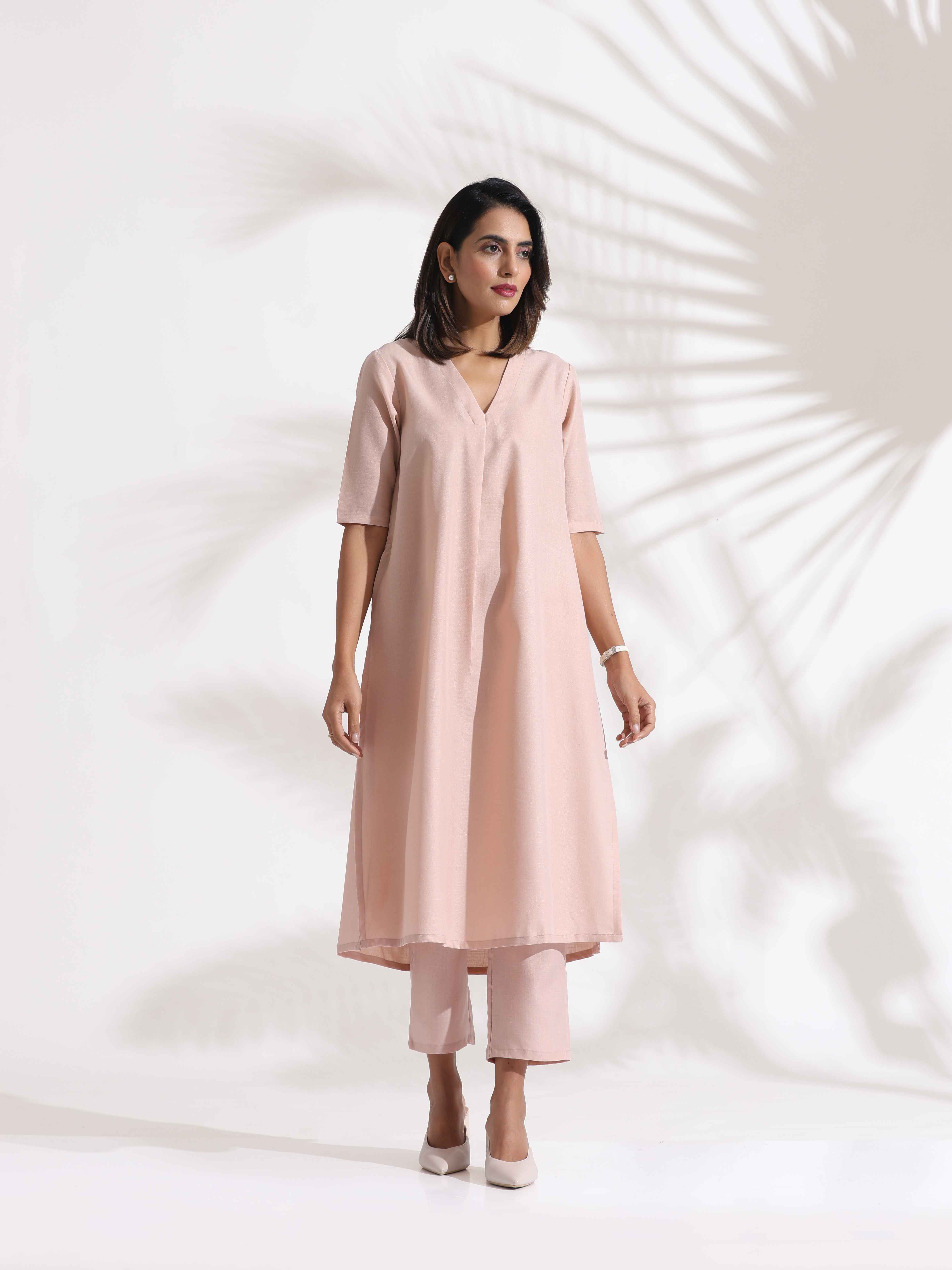 trueBrowns Light Pink Slub Kurta Set - Distacart