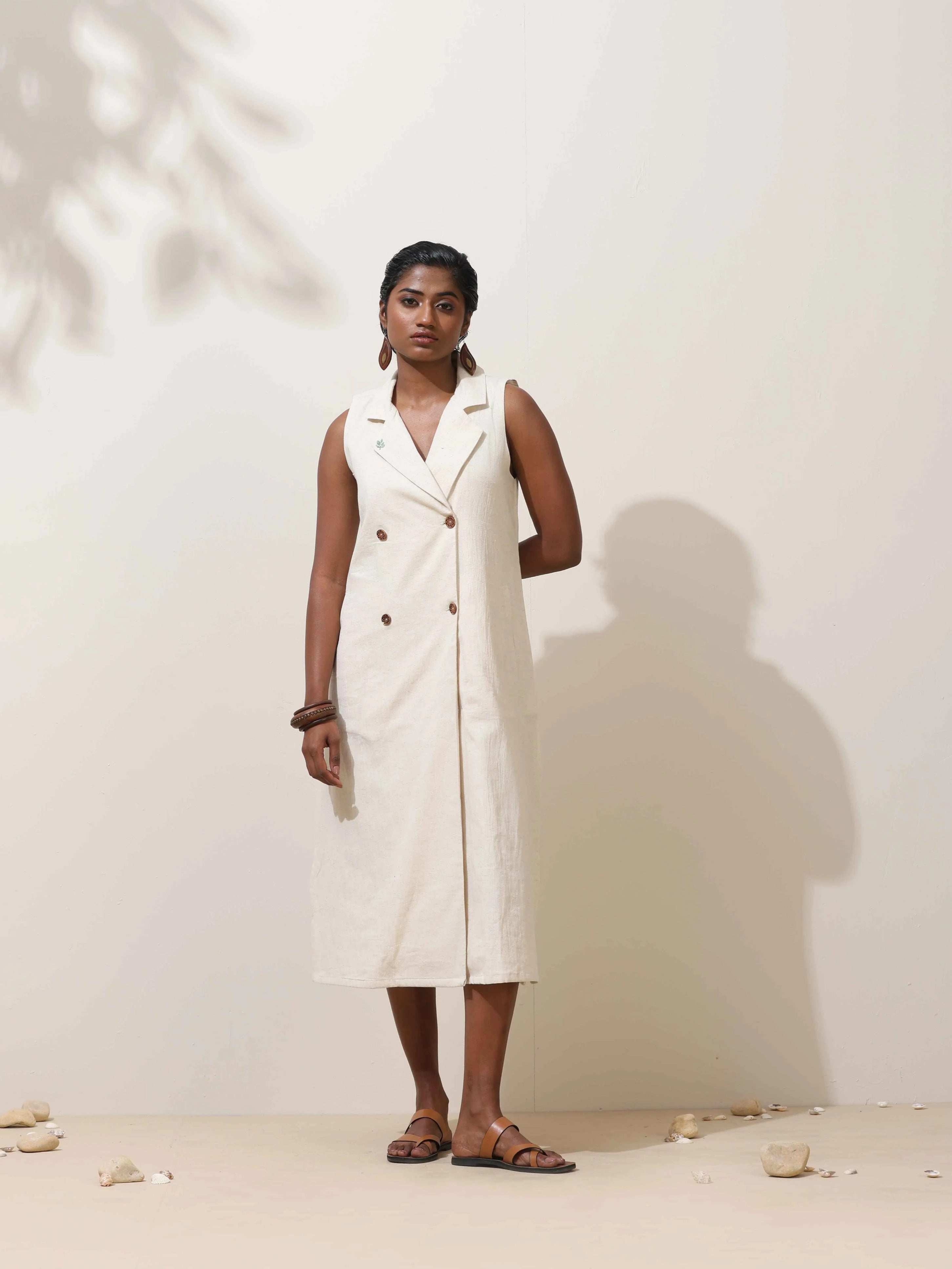trueBrowns Off-White Cotton Linen Dress - Distacart
