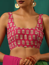 Thumbnail for trueBrowns Pink Muslin Silk Leaf Printed Scoop Neck Sleeveless Blouse - Distacart