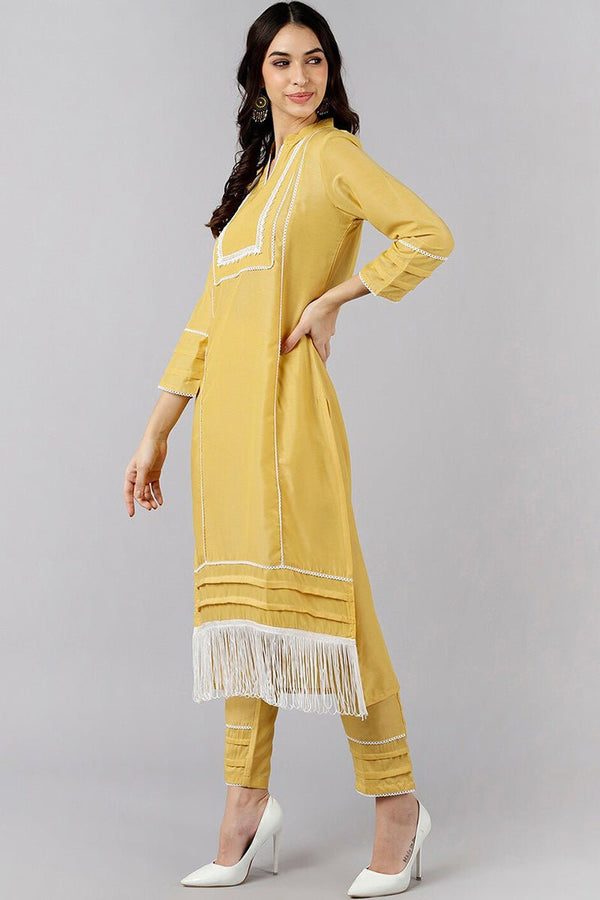 Ahika Yellow Poly Silk Solid Straight Kurta Set - Distacart
