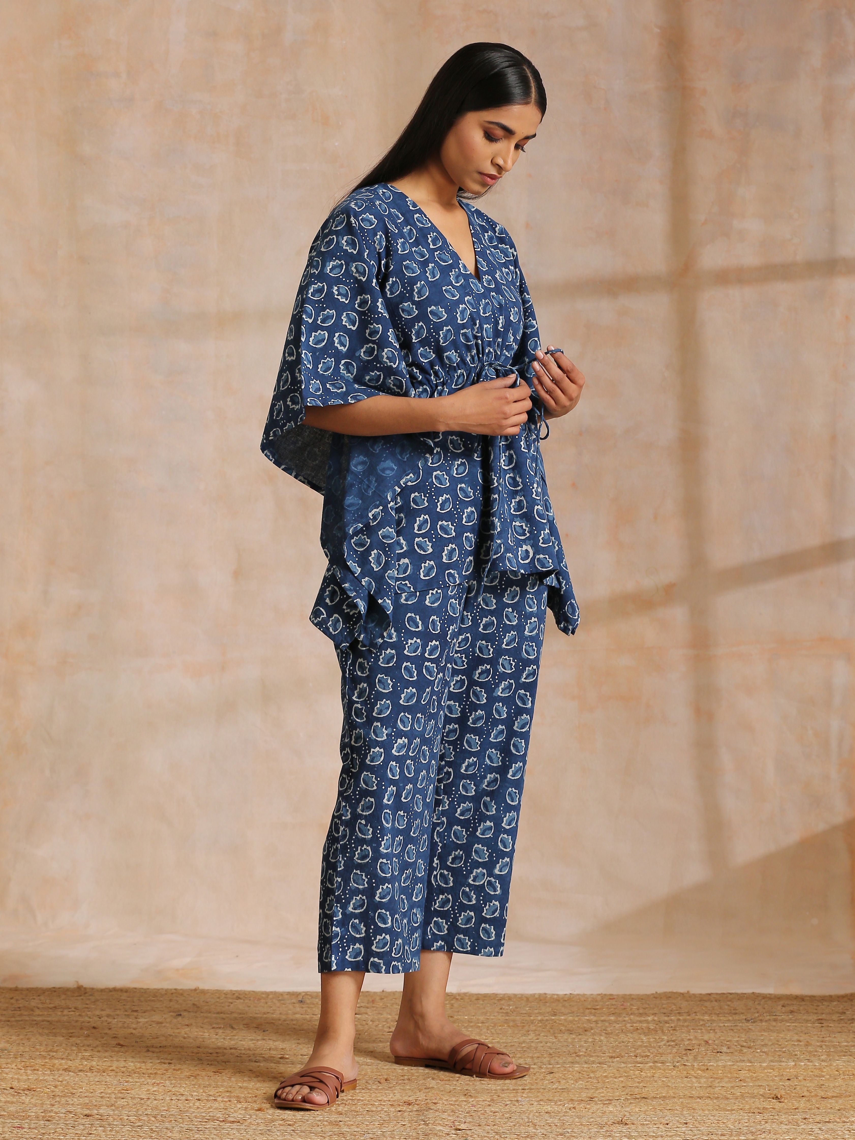 trueBrowns Indigo Dabu Floral Print Cotton Kaftan Co-Ord Set - Distacart
