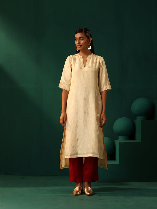 trueBrowns Ivory Geometric Floral Viscose Silk High Low Kurta Pant Set - Distacart