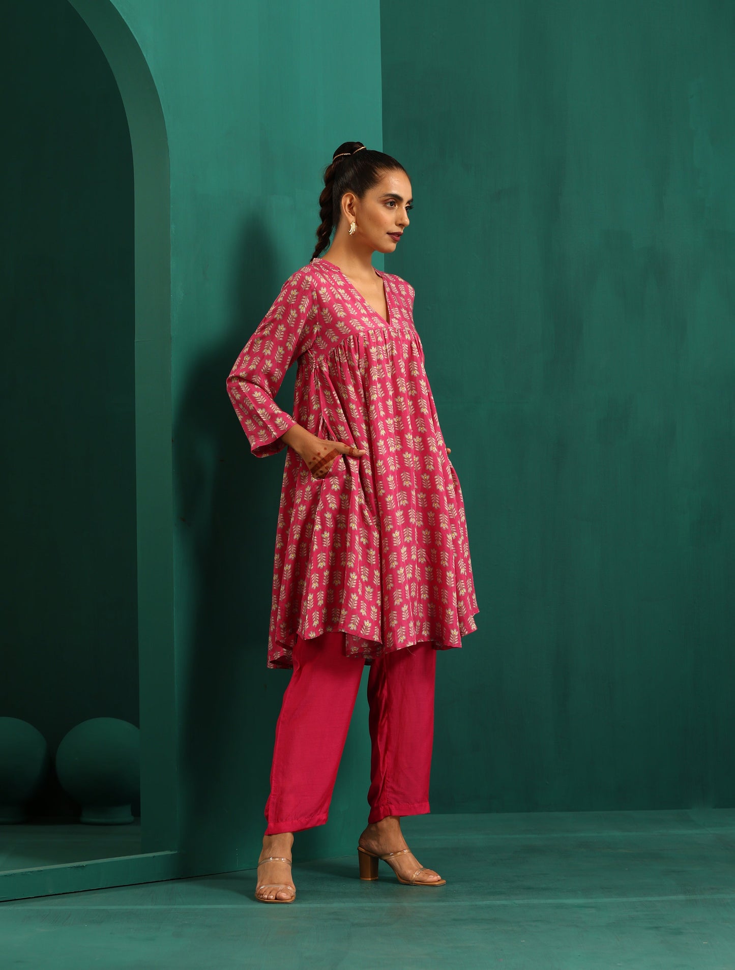 trueBrowns Pink Leaf Muslin Silk Printed Yoke Gathered Co-ord Set - Distacart