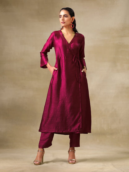 trueBrowns Purple Textured Silk Angrakha Kurta Pant Set - Distacart
