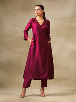 Thumbnail for trueBrowns Purple Textured Silk Angrakha Kurta Pant Set - Distacart