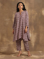 Thumbnail for trueBrowns Dark Mauve Zig Zag Printed Silk Kaftan Co-Ord Set - Distacart