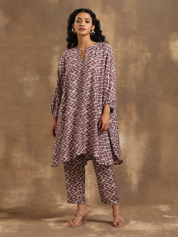 trueBrowns Dark Mauve Zig Zag Printed Silk Kaftan Co-Ord Set - Distacart