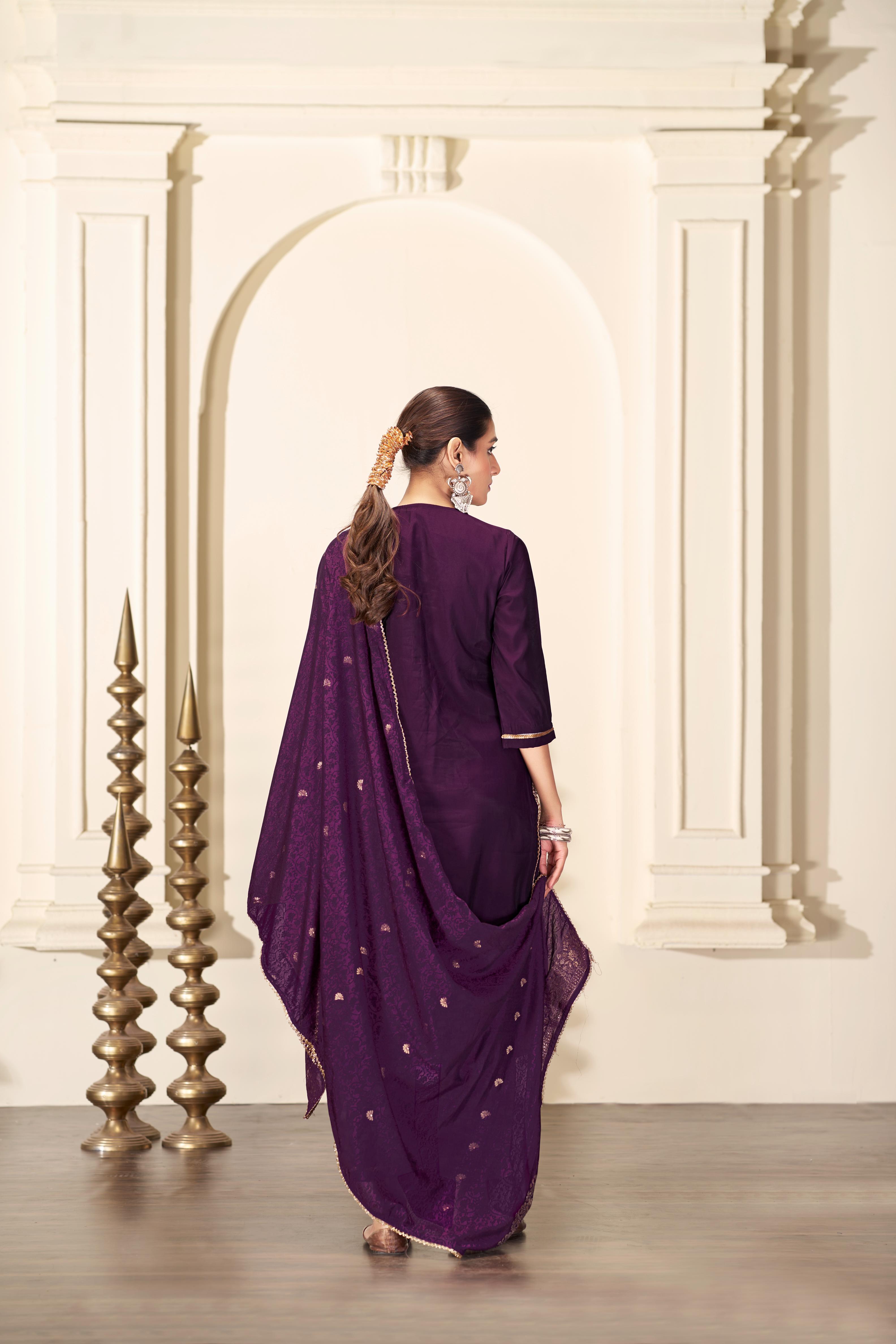 BulBul Gita Purple Silk Kurta Set with Dupatta