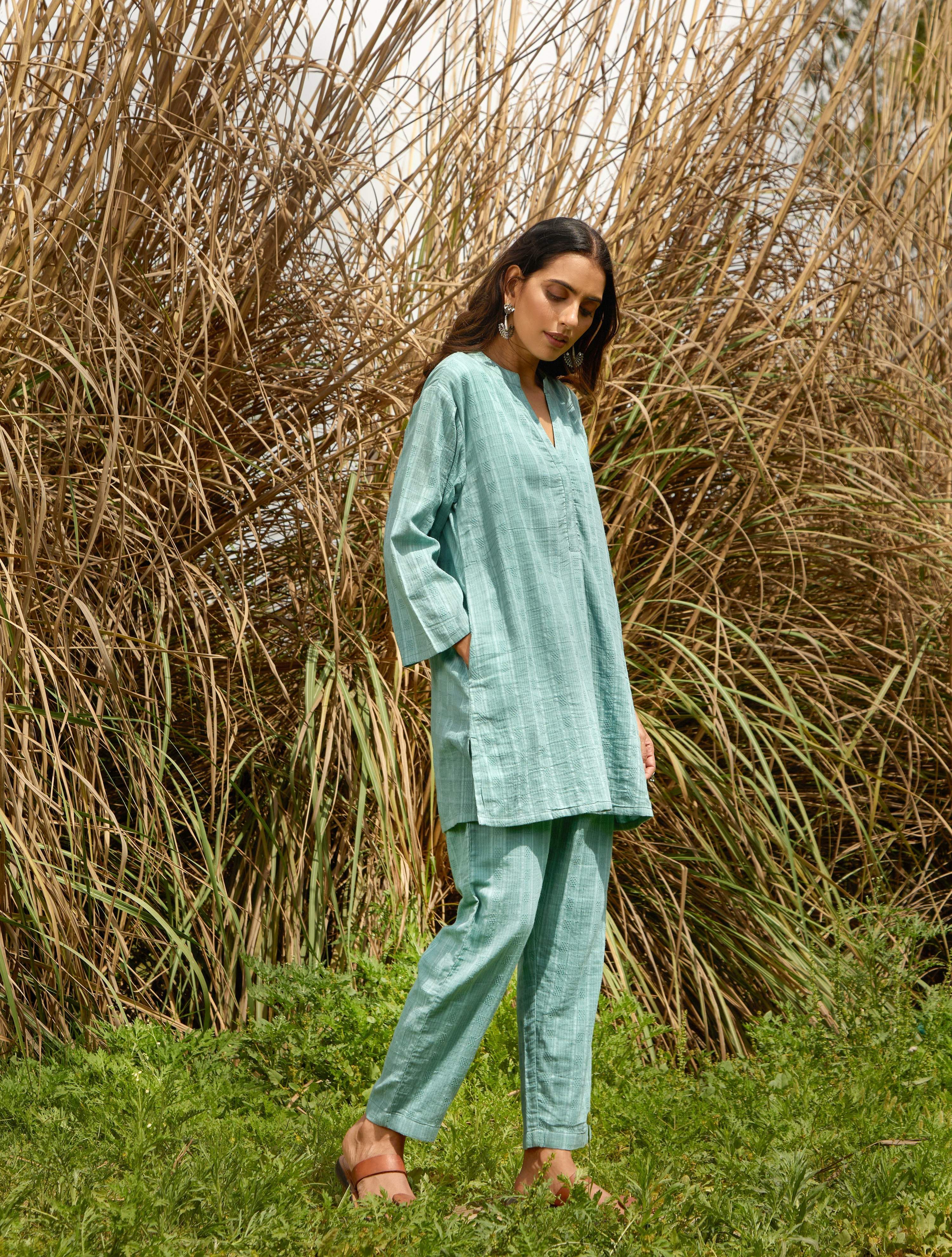 trueBrowns Light Blue Cotton Dobby Relaxed Co-ord Set - Distacart