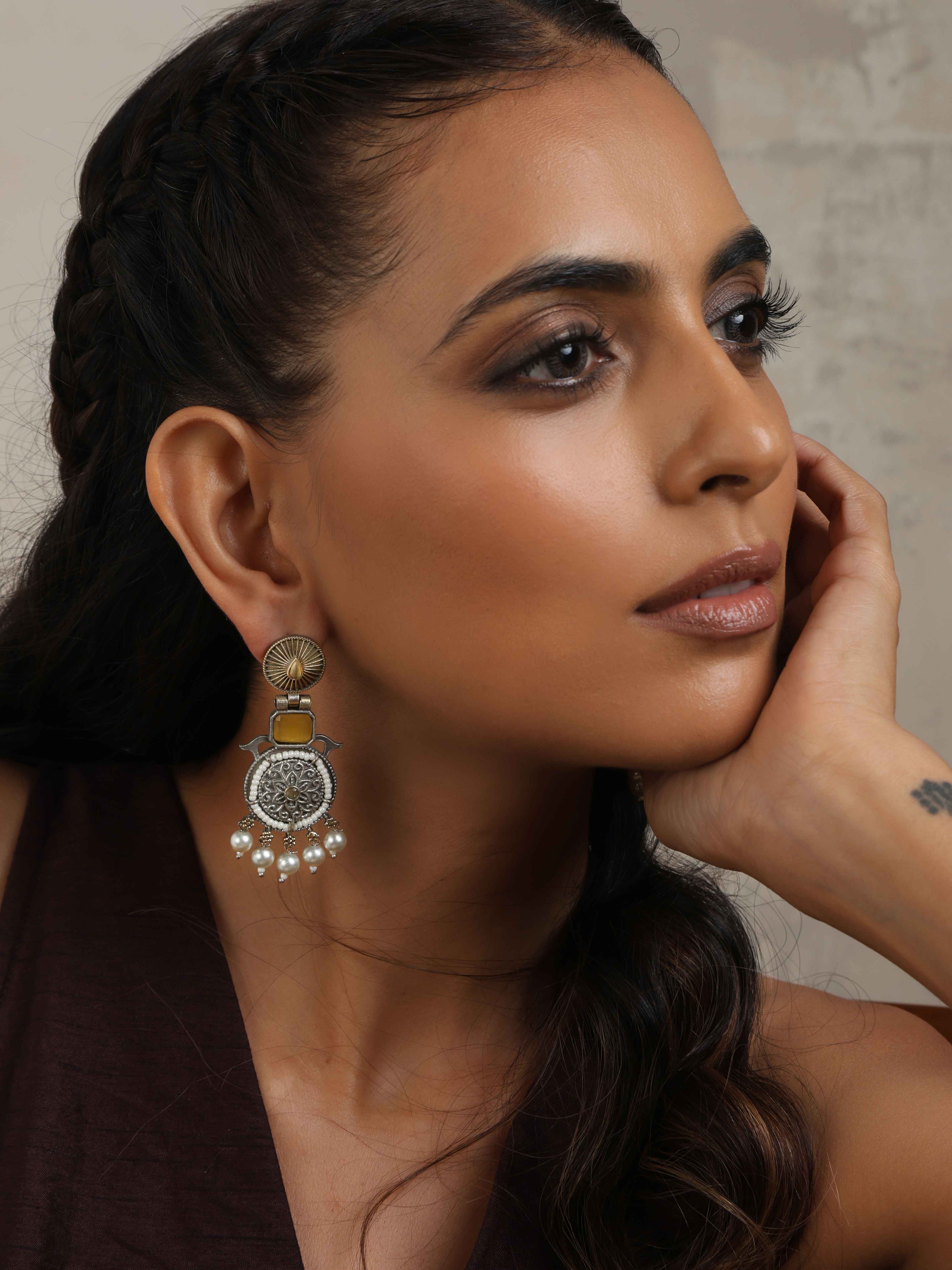 trueBrowns Silver Gold Tone Meenakari Pearl Drop Earrings - Distacart