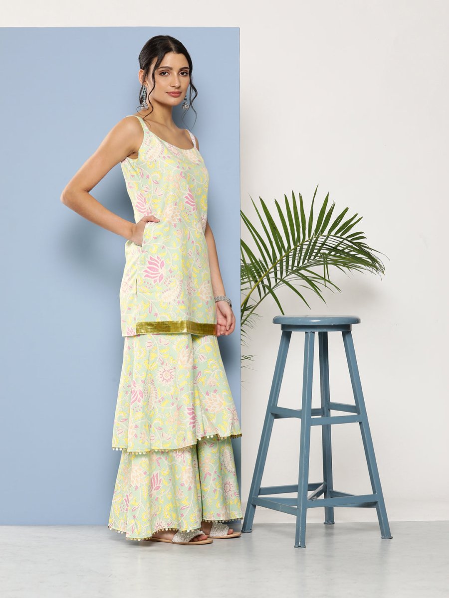 Ahalyaa Women Sea Green Floral Printed Gotta Patti Kurti with Sharara & With Dupatta - Distacart