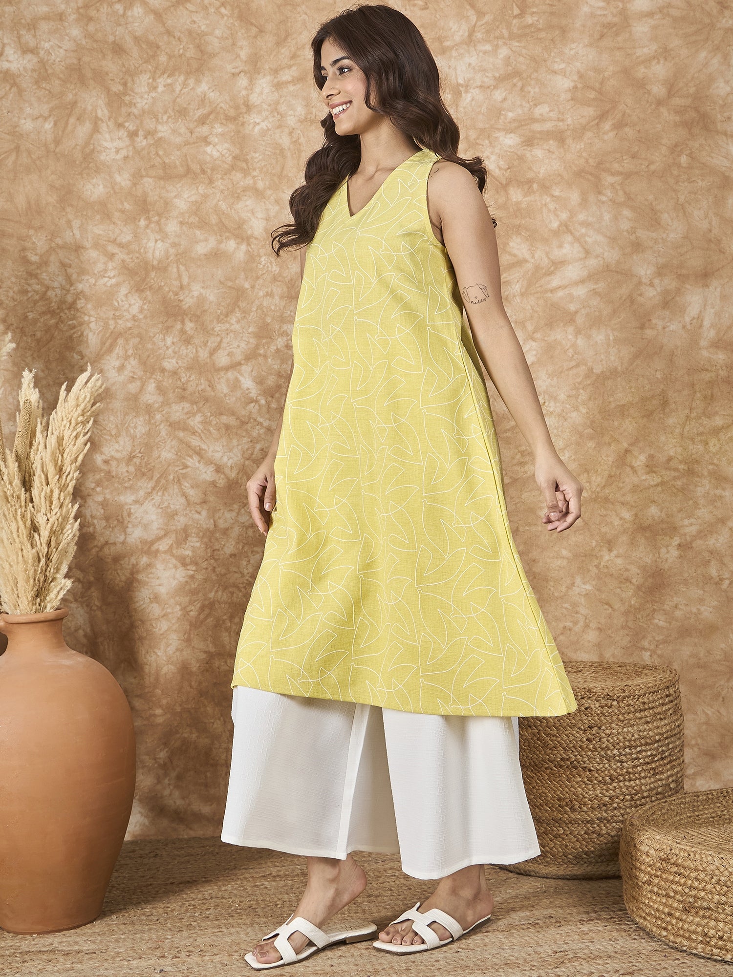 InWeave Light Yellow V Neck Aline Kurta Set - Distacart