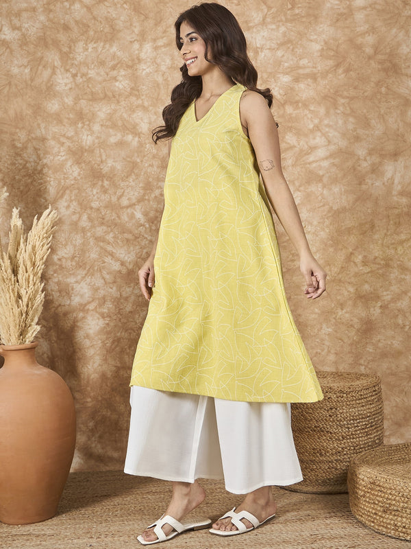 InWeave Light Yellow V Neck Aline Kurta Set