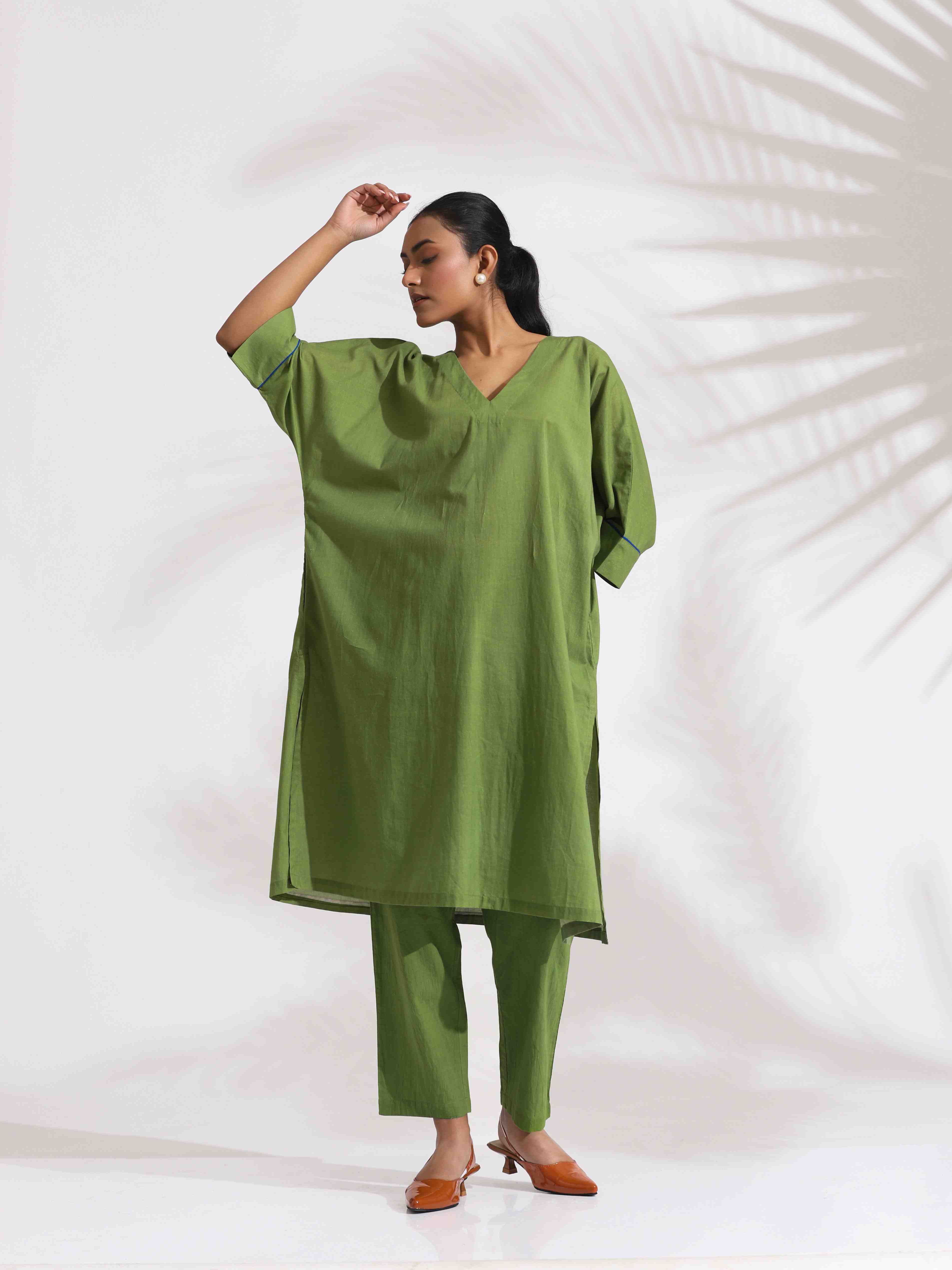 trueBrowns Green Cotton Placement Print Kurta Co-ord Set - Distacart