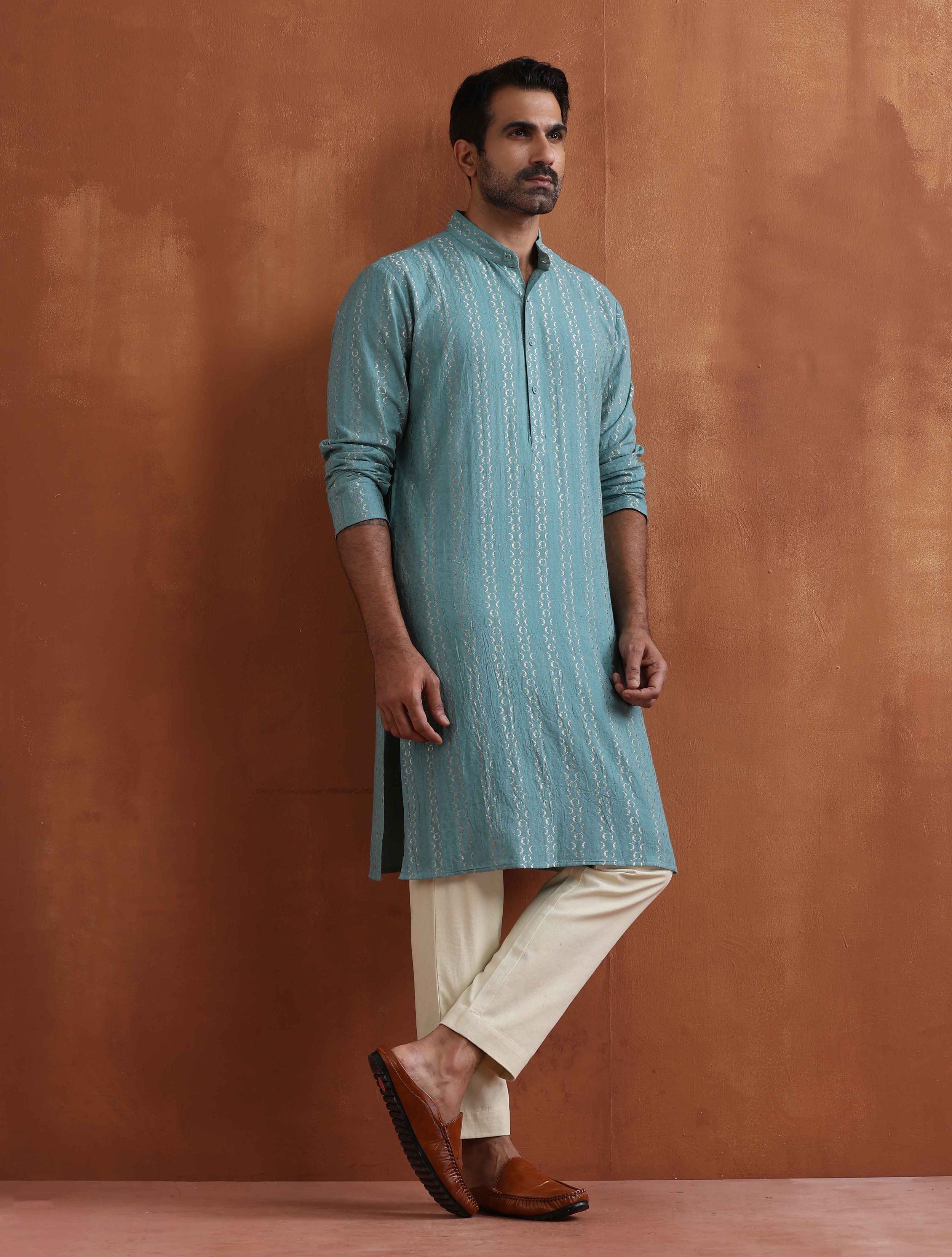 trueBrowns Men's Green Textured Cotton Dobby Kurta - Distacart