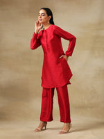 Thumbnail for trueBrowns Maroon Textured Silk Front Placket Co-Ord Set - Distacart