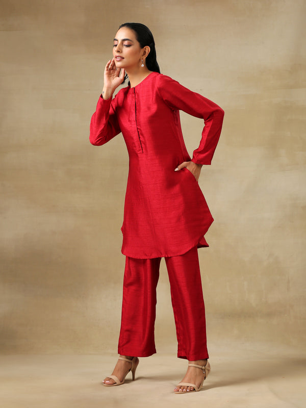 trueBrowns Maroon Textured Silk Front Placket Co-Ord Set - Distacart