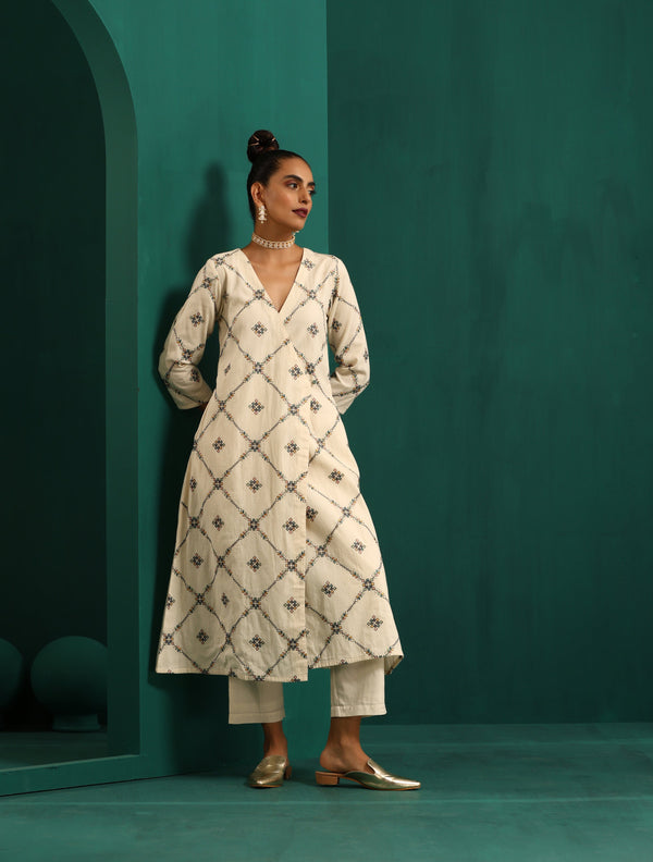 trueBrowns Ivory Rhombus Cotton Angrakha Kurta Pant Set - Distacart