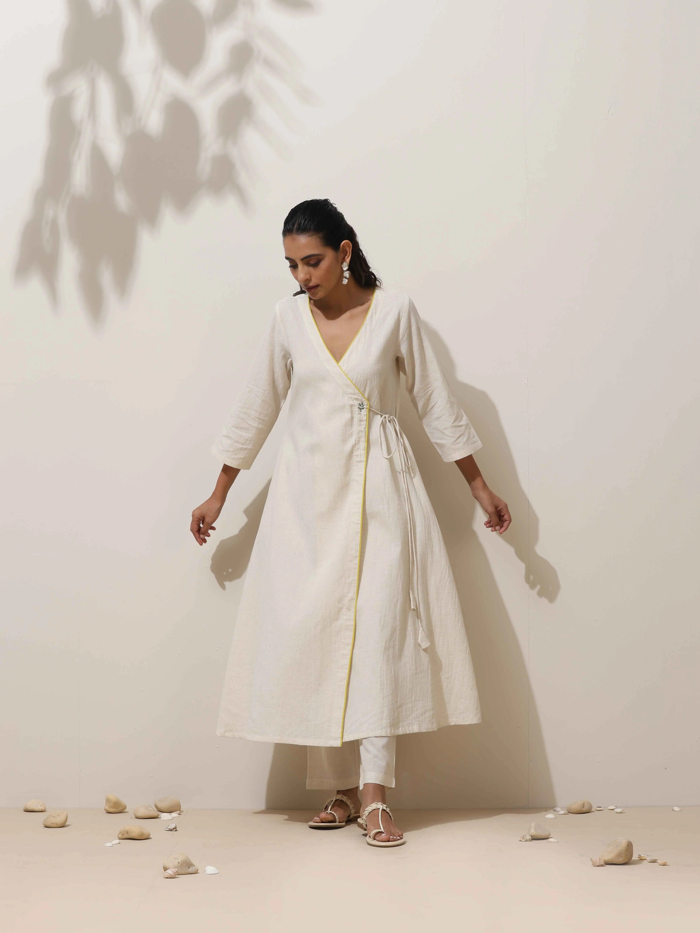 trueBrowns Off White Cotton Linen Angrakha Kurta Pant Set - Distacart