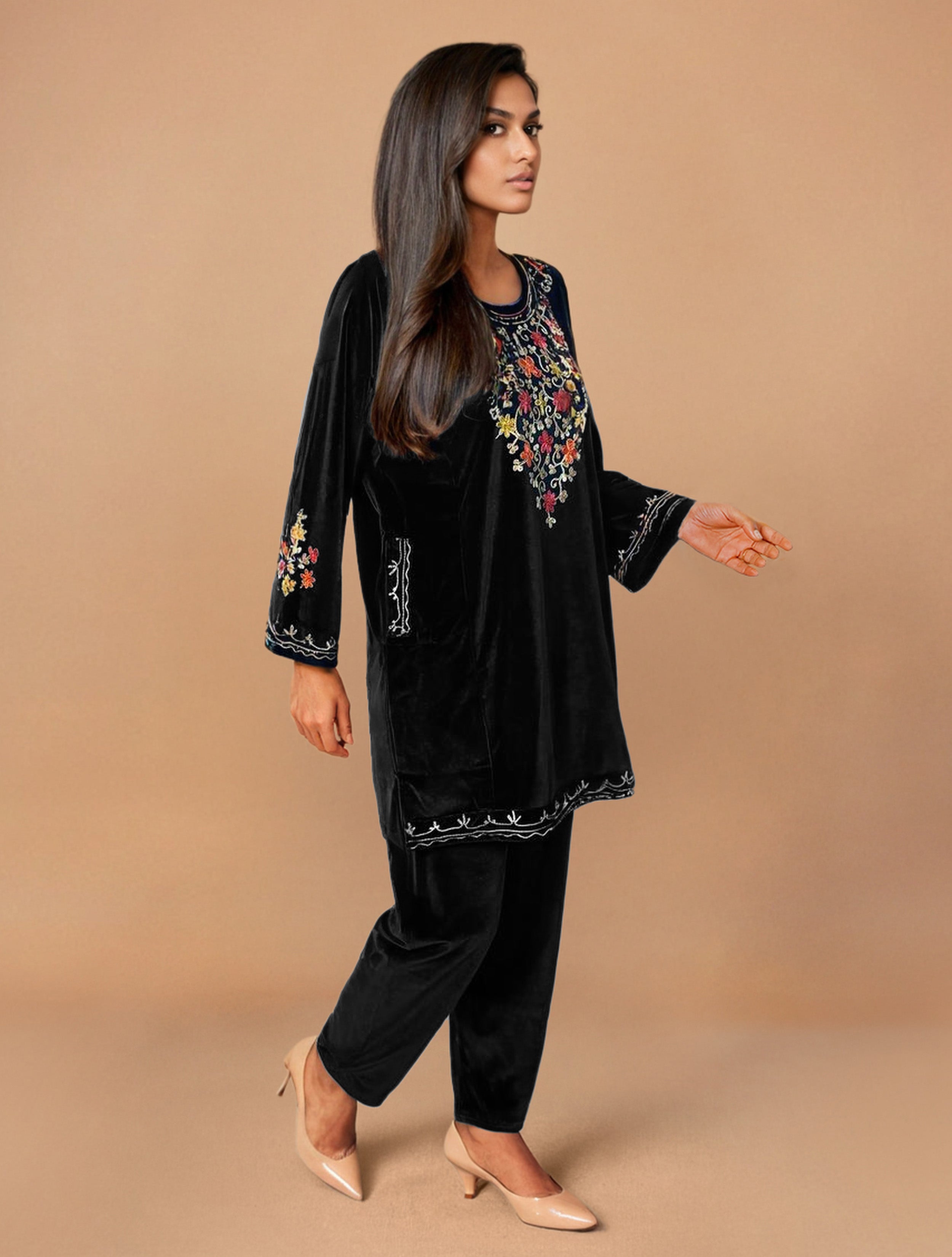 trueBrowns Black Velvet Embroidered Co-ord Set - Distacart