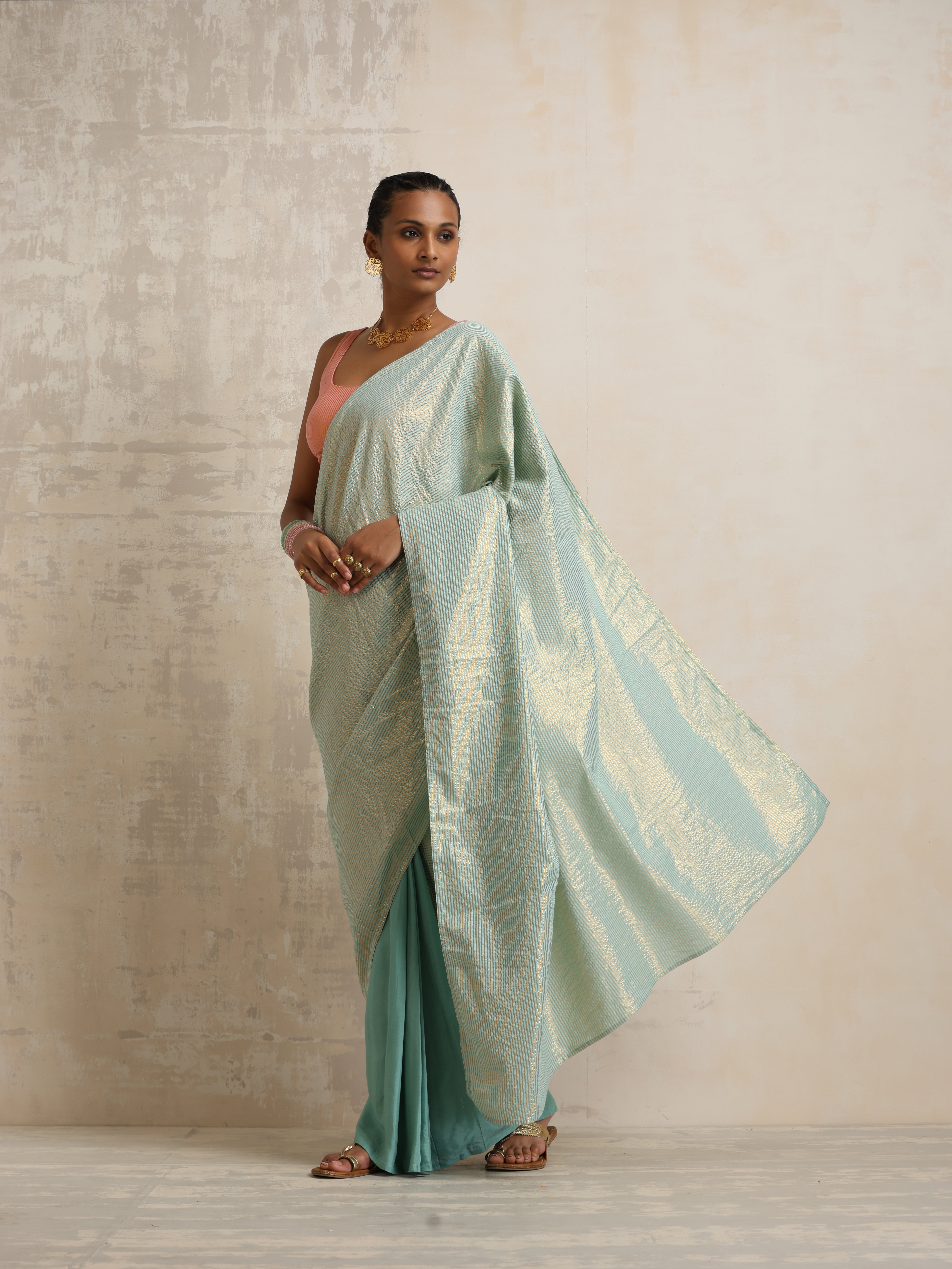 trueBrowns Blue Gold Metallic Ready To Wear Saree - Distacart