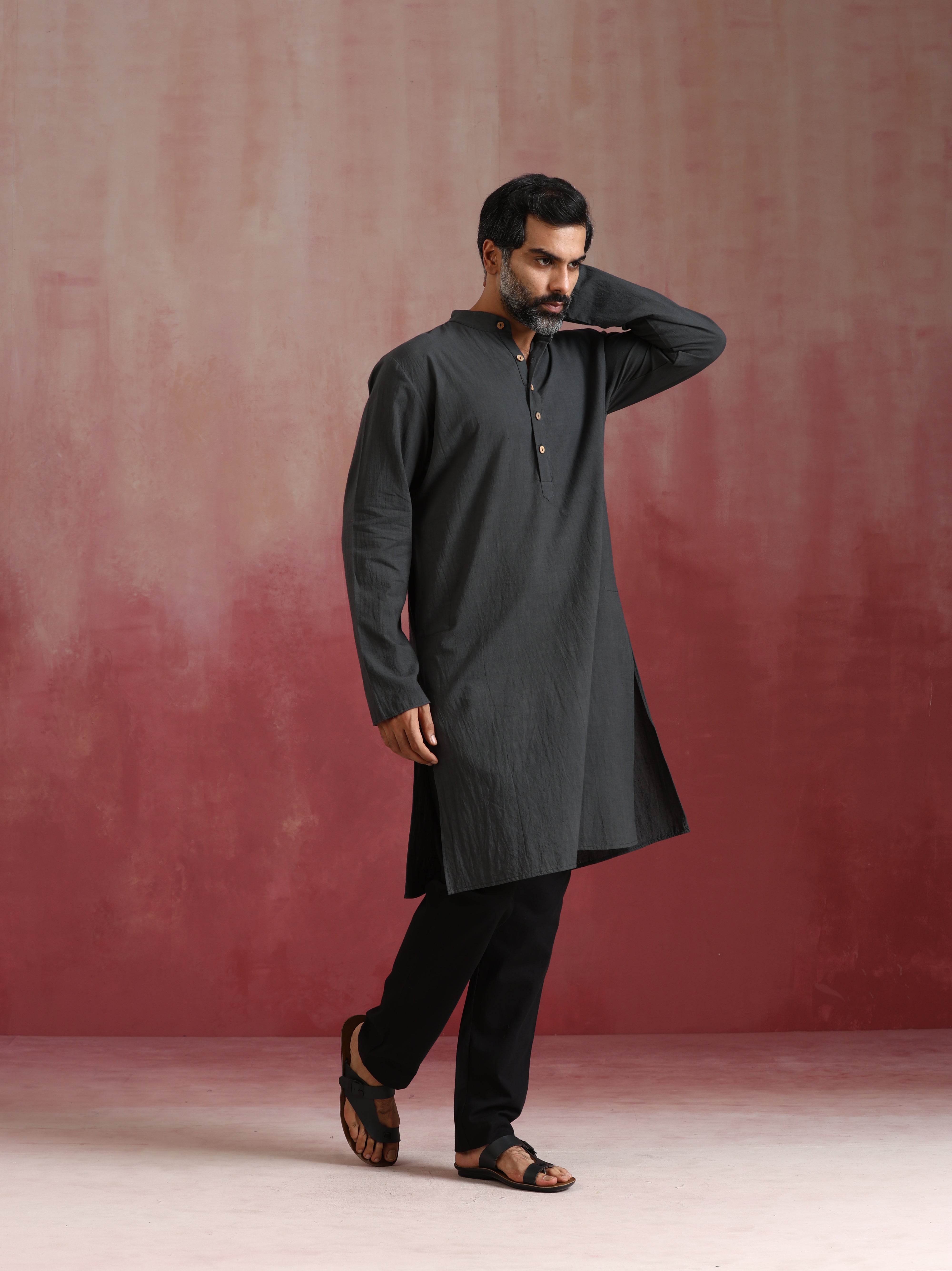 trueBrowns Men's Charcoal Grey Mandarin Collar Kurta - Distacart