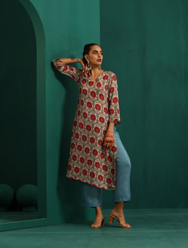trueBrowns Ivory Red Circle Floral Muslin Silk Printed V-Neck Kurta Pant Set - Distacart