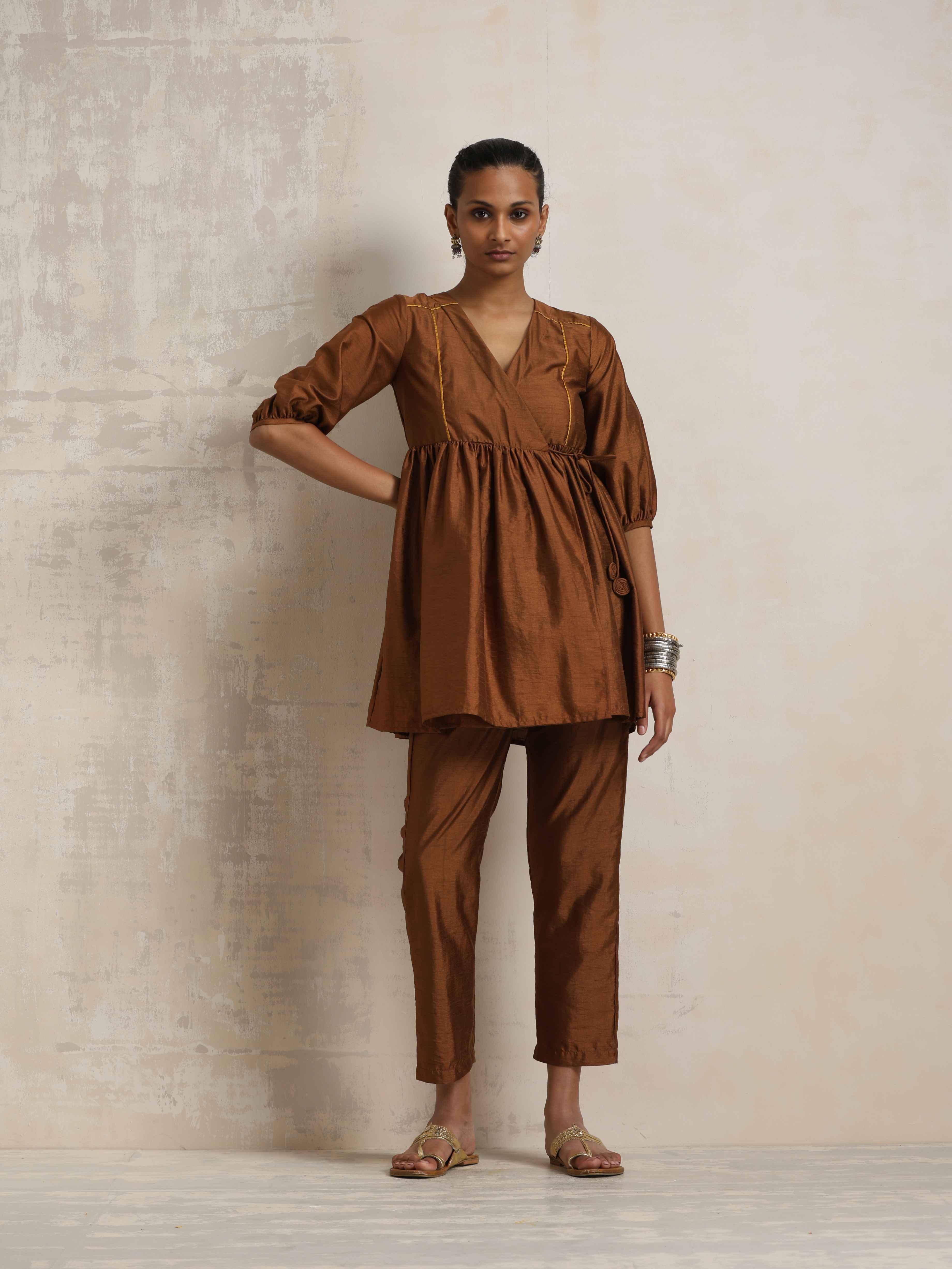 trueBrowns Brown Silk Angrakha Co-ord Set - Distacart