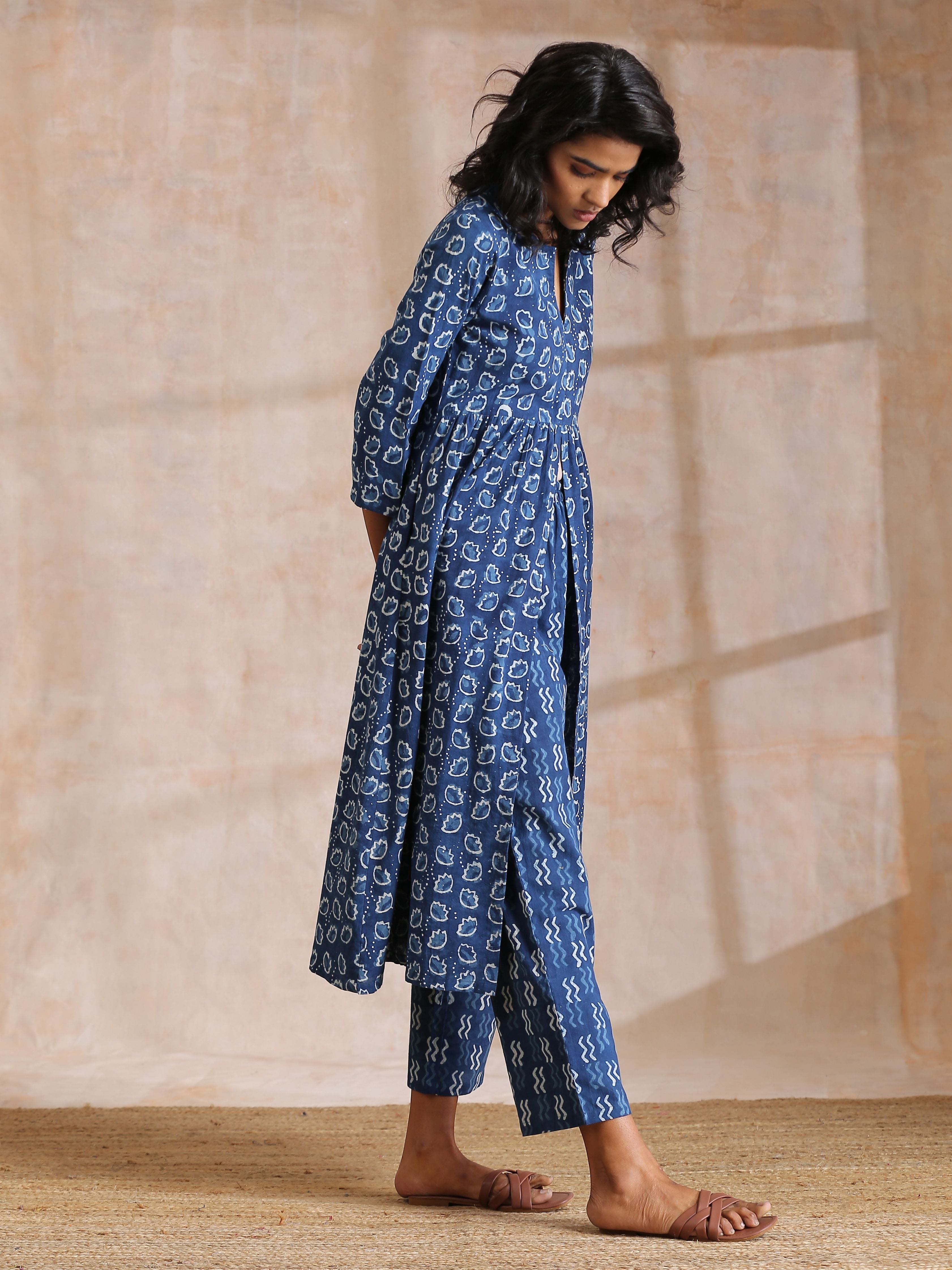 trueBrowns Indigo Dabu Floral Print Cotton Kurta Pant Set - Distacart
