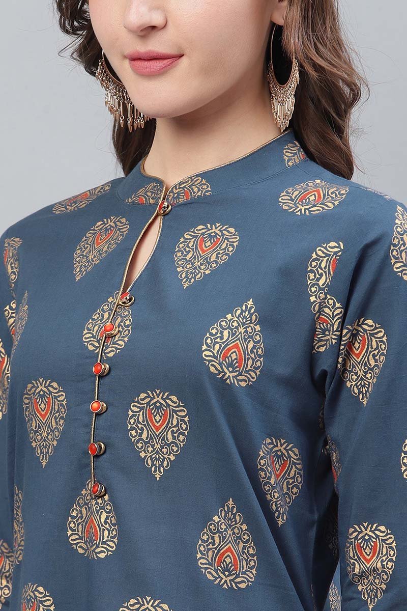 Ahika Printed Simple Navy Blue Kurti