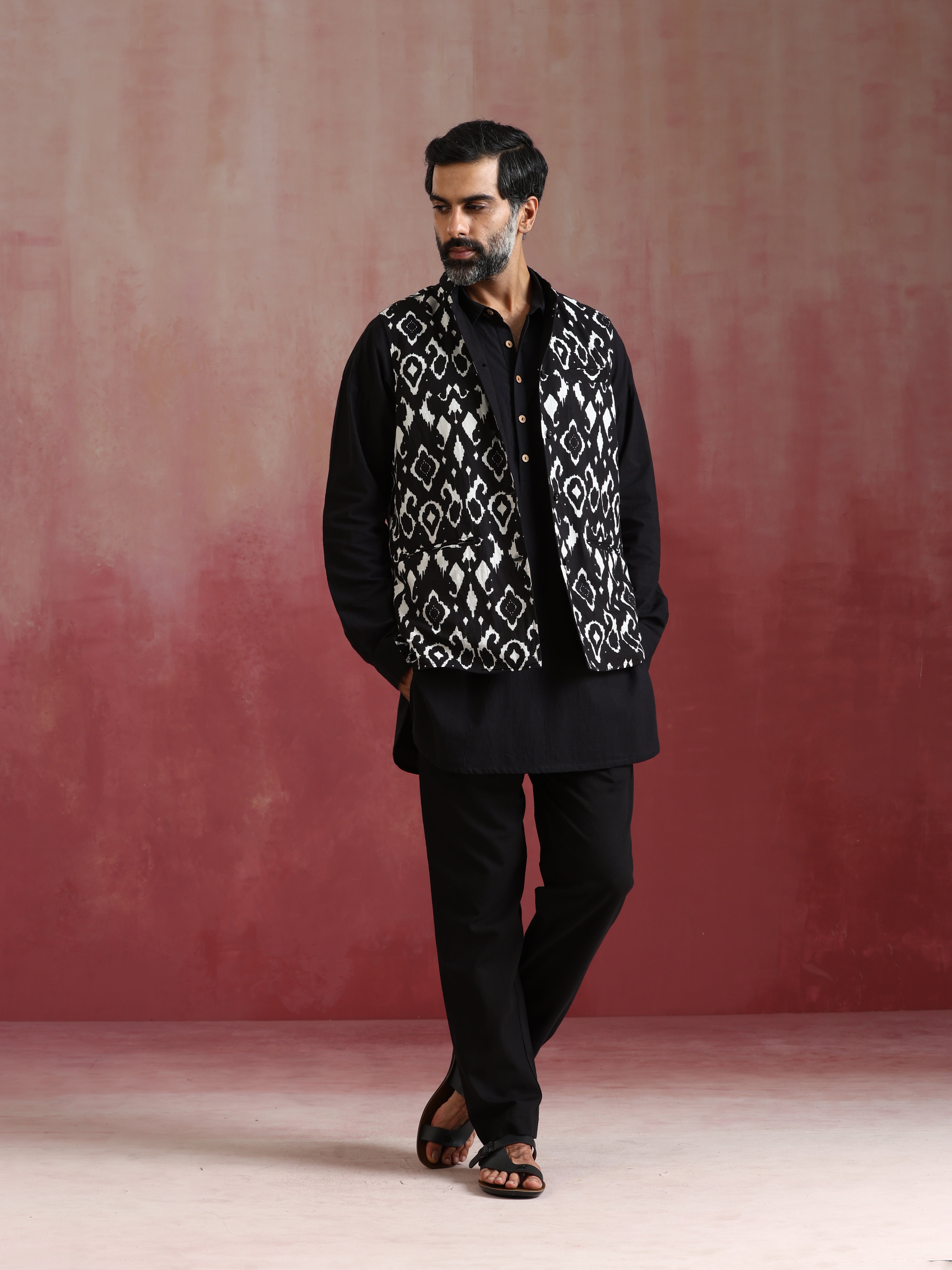 trueBrowns Men's Black Ikat Print Cotton Reversible Nehru Jacket - Distacart