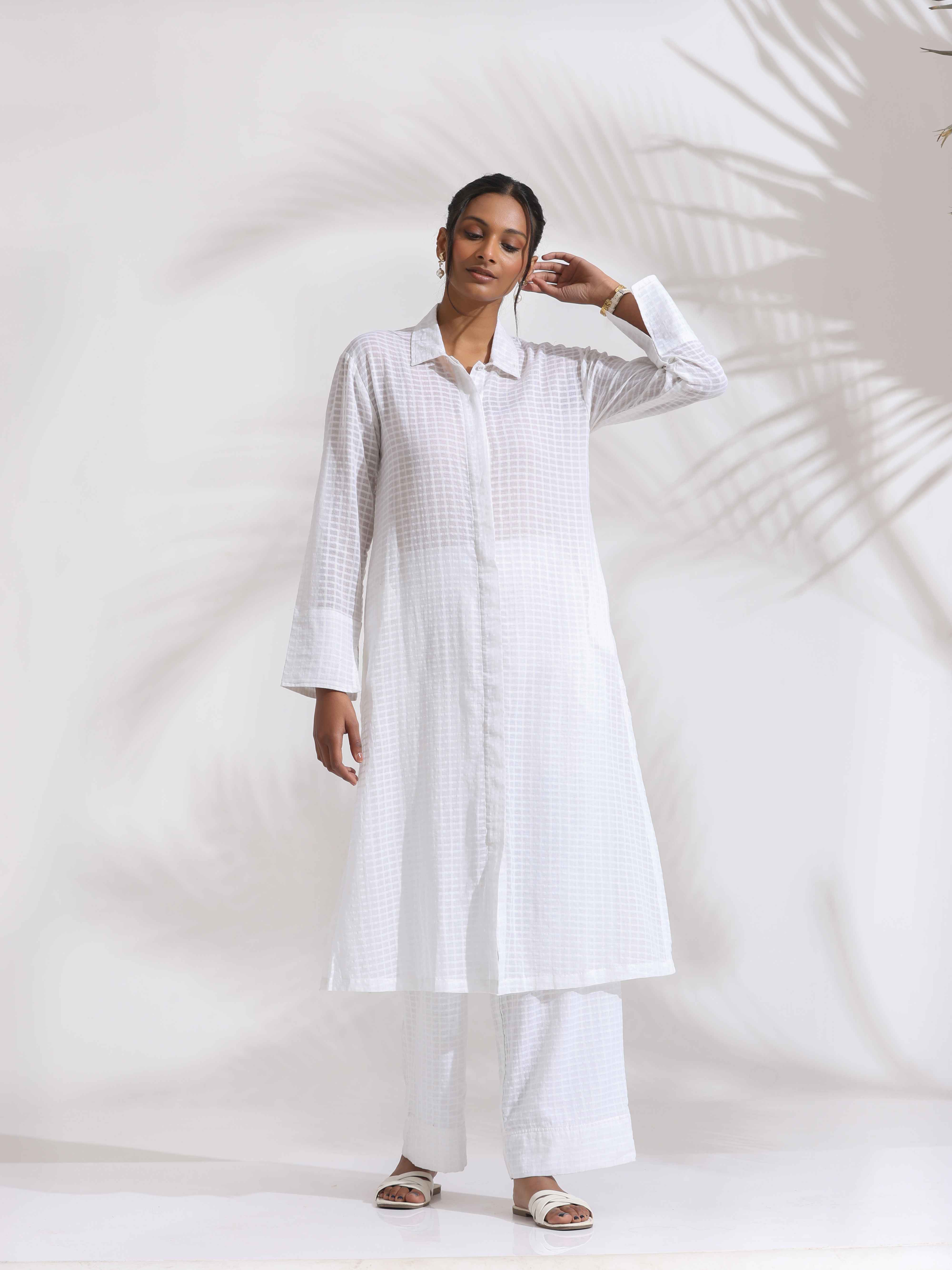 trueBrowns White Check Cotton Kurta Set - Distacart
