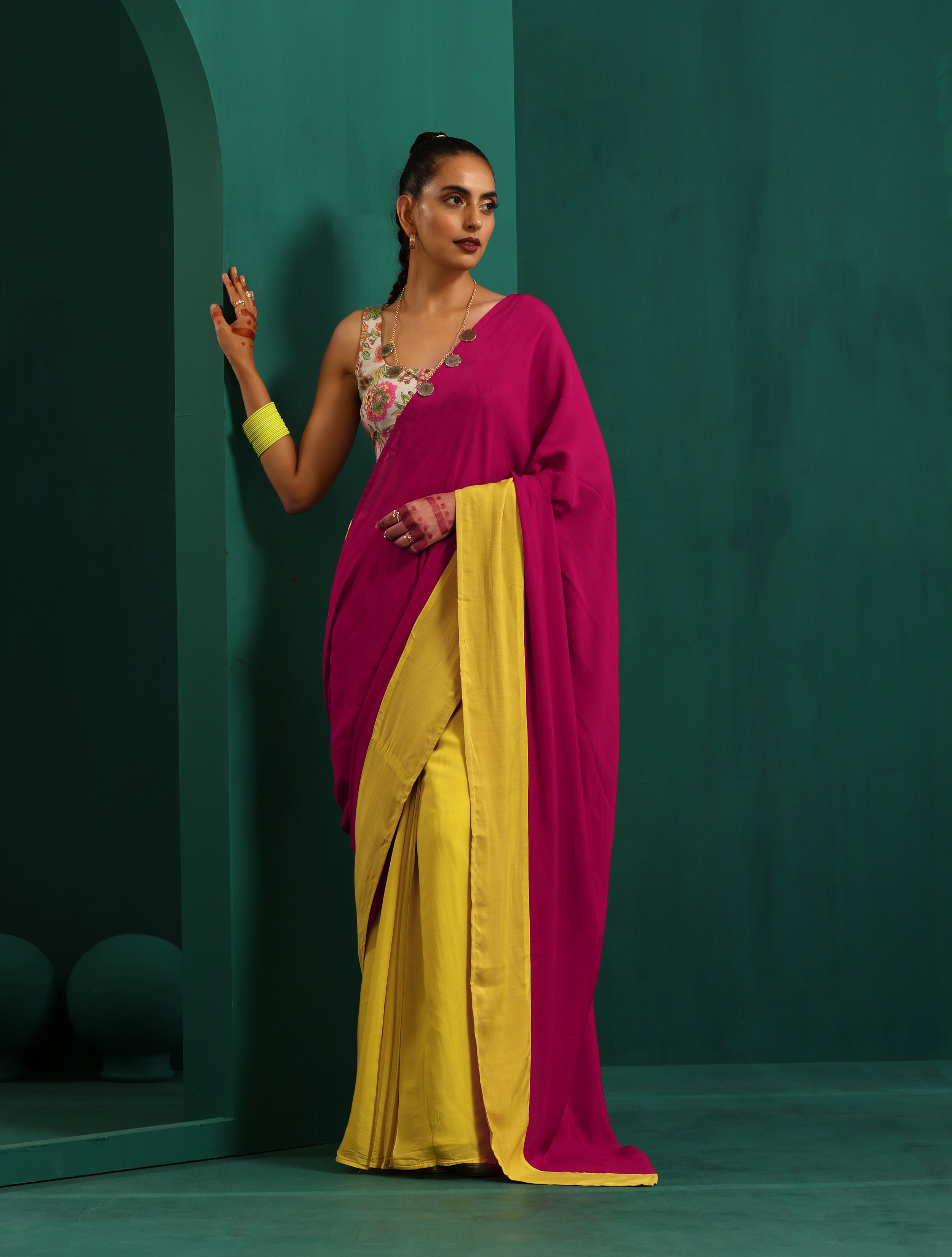 trueBrowns Lime Yellow Pink Muslin Silk Ready to Wear Saree - Distacart