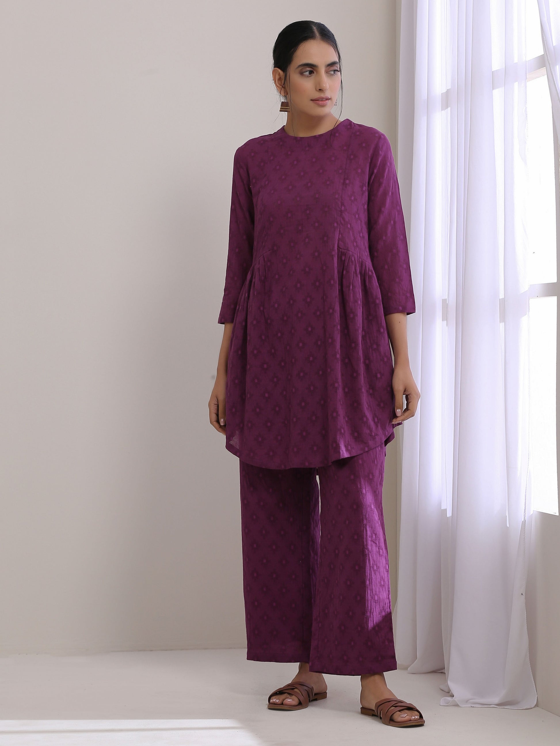 trueBrowns Plum Purple Dobby Gathers Co-Ord Set - Distacart