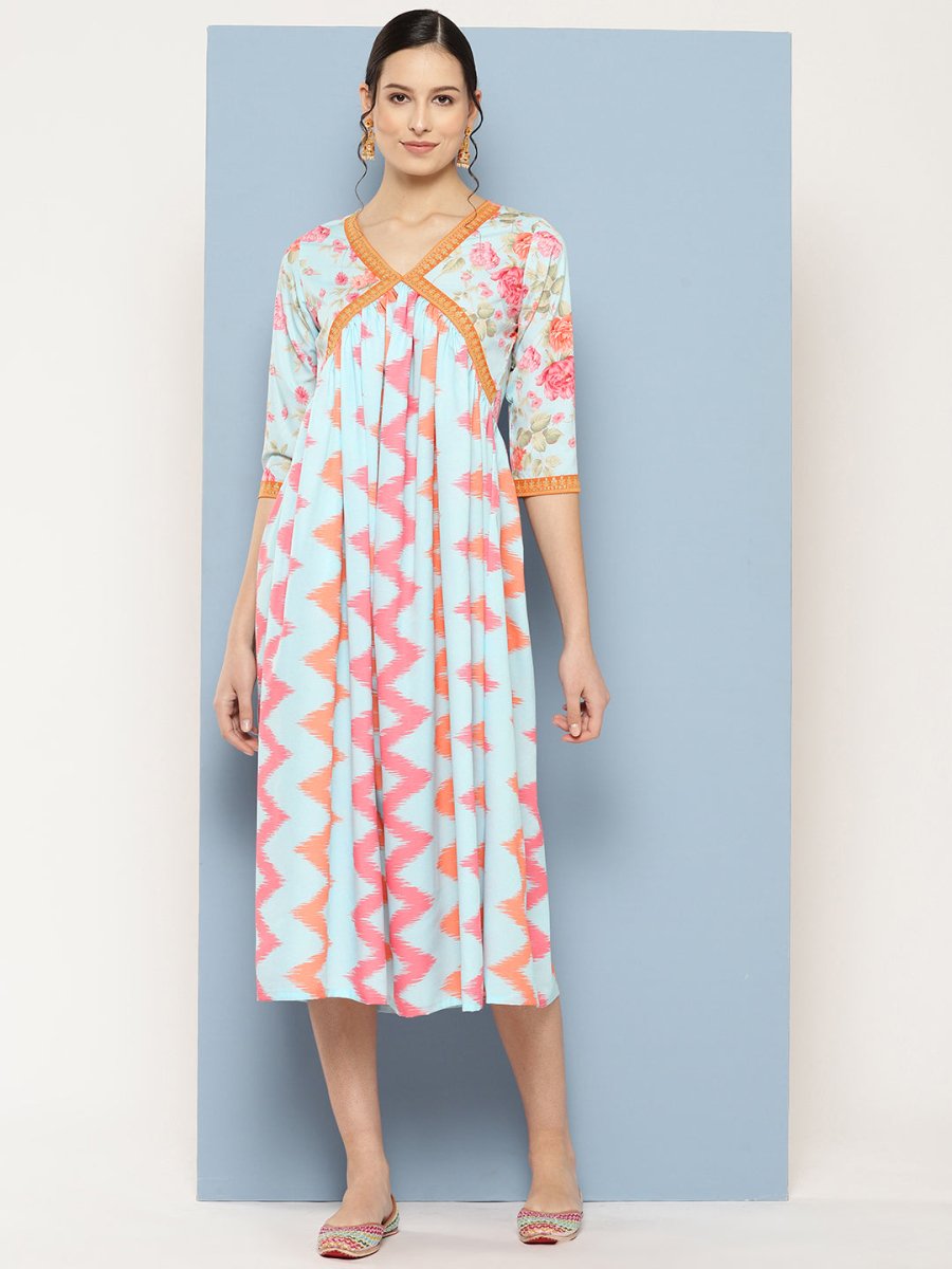 Ahalyaa Floral Printed Midi Empire Ethnic Dress - Distacart