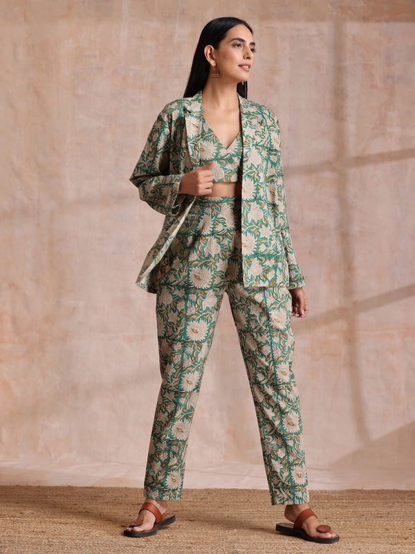 trueBrowns Fern Green Overall Floral Block Print Cotton Pant Suit Set - Distacart