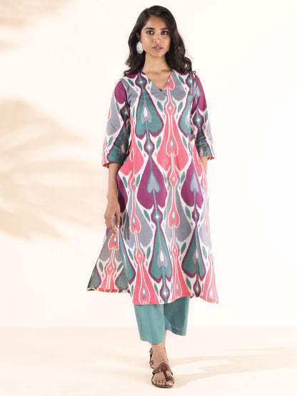 trueBrowns Green Cotton Ikat Kurta Pant Set - Distacart