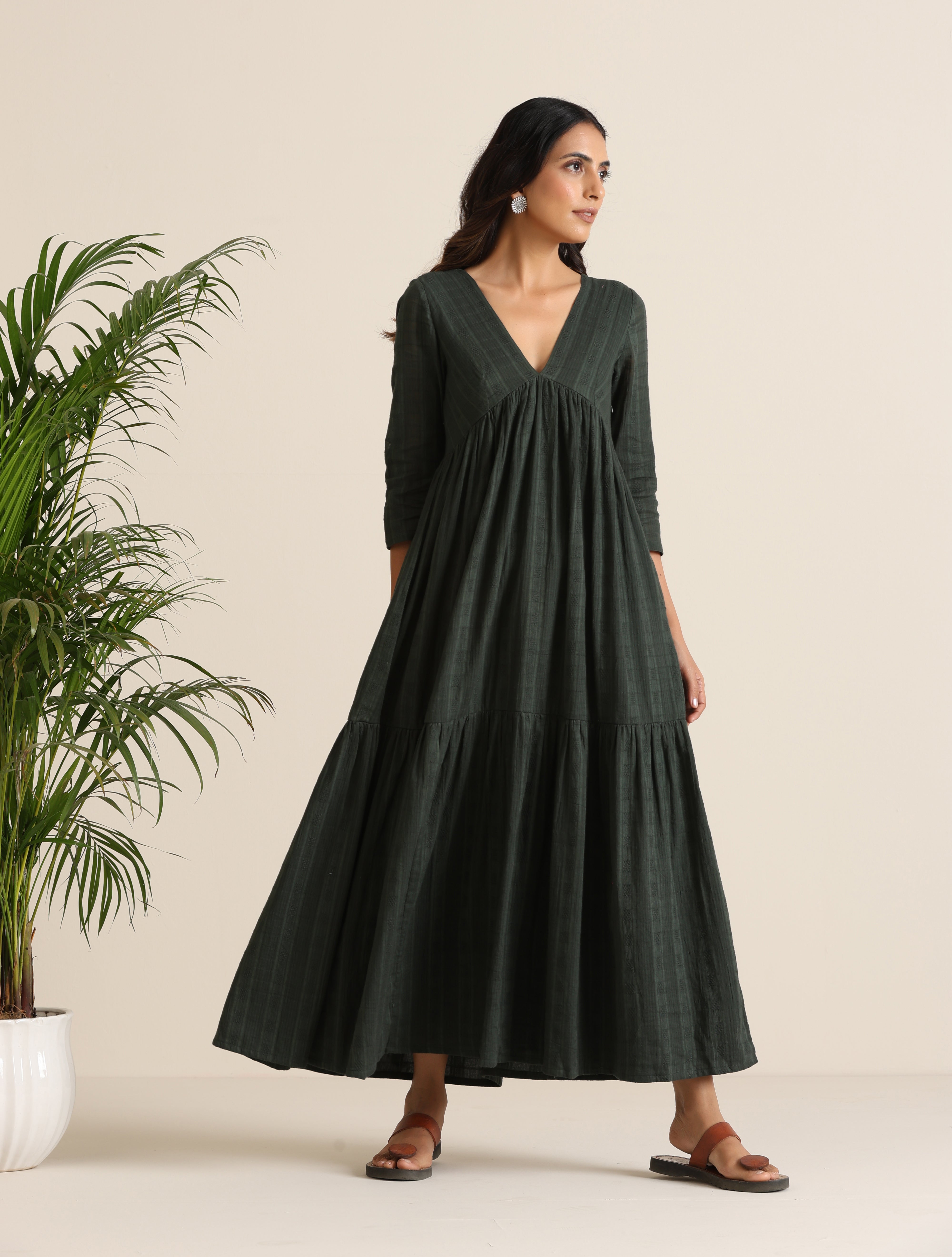 trueBrowns Charcoal Cotton Dobby Tiered Dress - Distacart