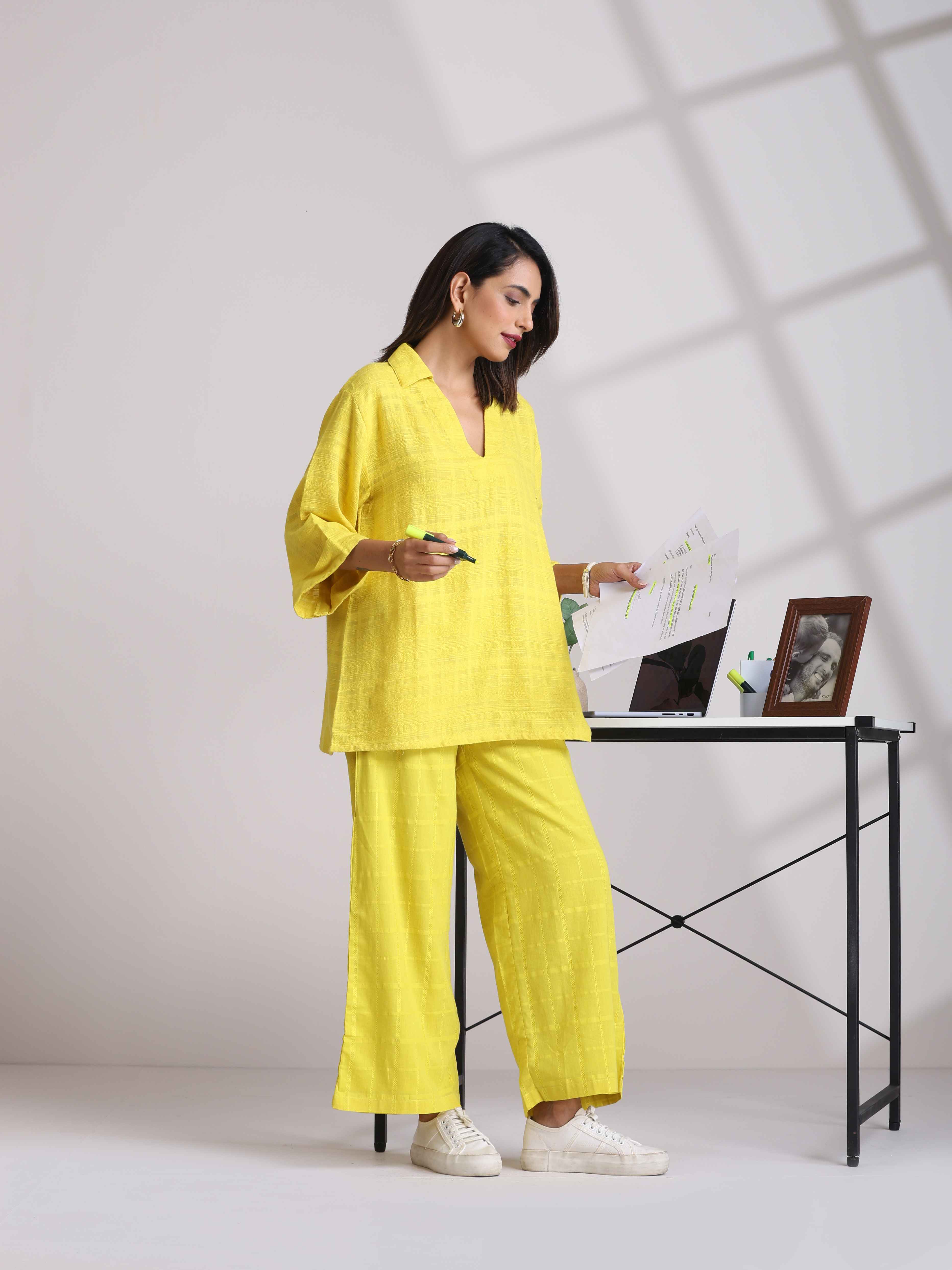 trueBrowns Lime Cotton Dobby V-Neck Co-ord Set - Distacart