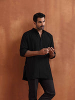 Thumbnail for trueBrowns Men's Black Textured Cotton Dobby Short Kurta