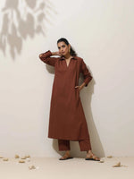 Thumbnail for trueBrowns Brown Cotton Linen Kurta Pant Set